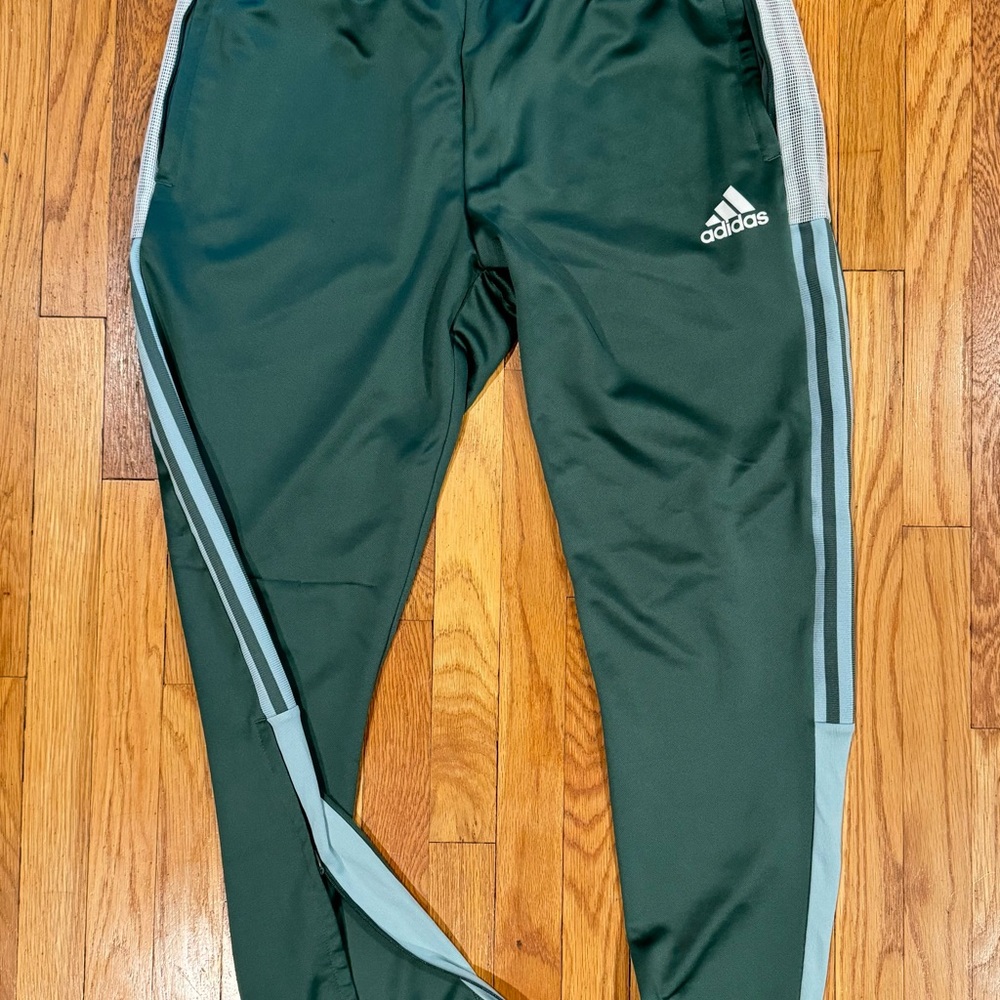 Adidas Men's Dark Green Joggers with Light Gray Stripes